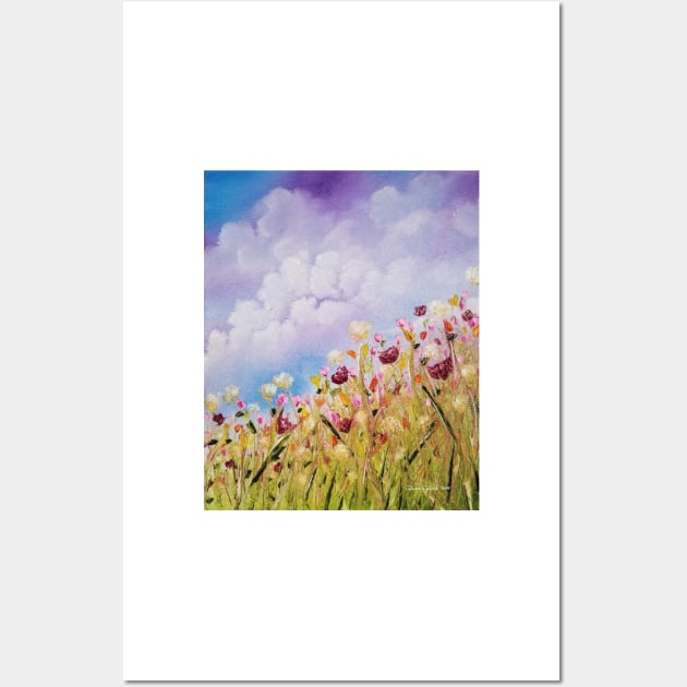 Look to the Light, Daylight flowers, flowers impressionism, wild flowers, clouds, skyscape, cloudy sky with flowers Wall Art by roxanegabriel